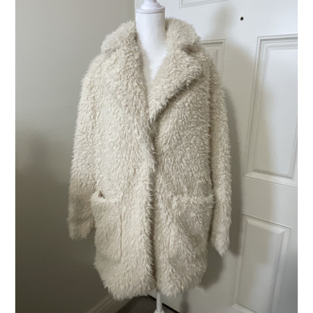 Zara Basic Outerwear Cream Fluffy/Shaggy Faux Fur Long Jacket/Coat Size Small - Picture 3 of 11